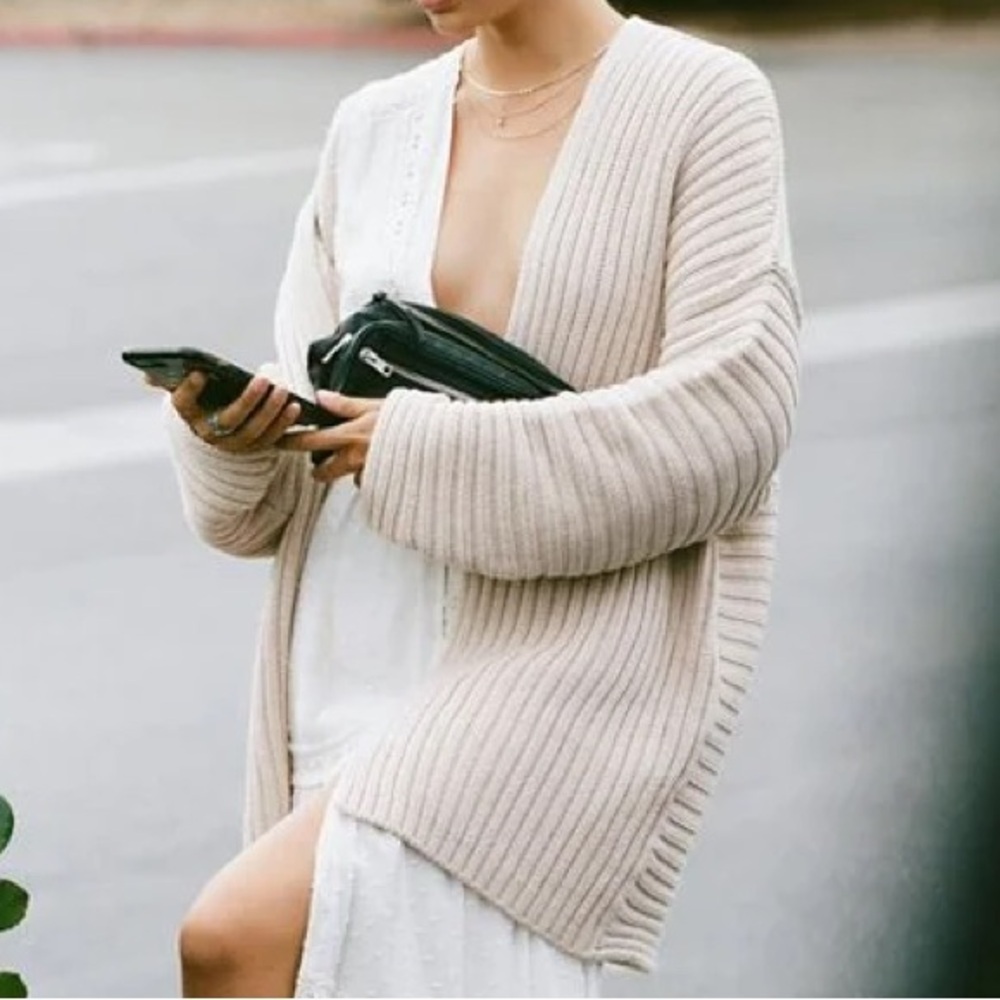 Urban Outfitters Women S Cream Knit Cotton Leo Ribbed Open-Front Cardigan